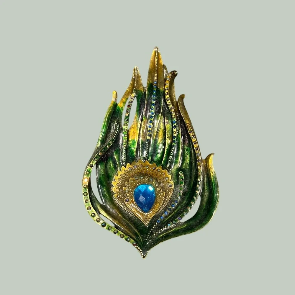 Decorative Peacock Feather Enamel Trinket Dish Green Gold Blue Rhinestone